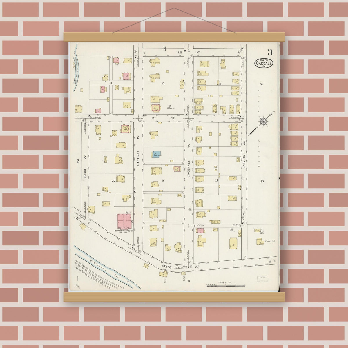Old map wall art mockup — magnetic wood frame on brick wall — Sanborn Fire Insurance Map from Oakdale, Allegheny County, Pennsylvania (1915), Sheet #0003