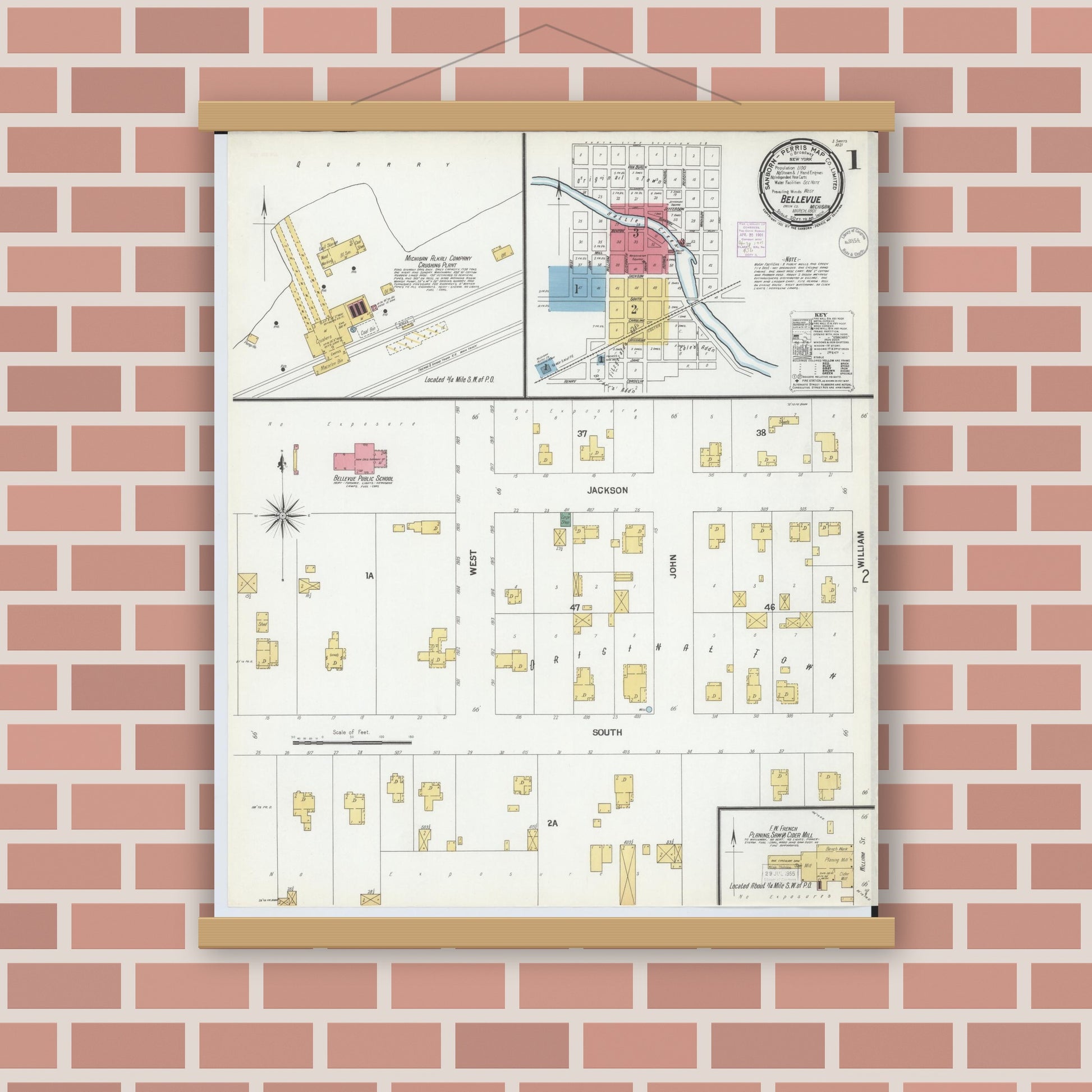Old map wall art mockup — magnetic wood frame on brick wall — Sanborn Fire Insurance Map from Bellevue, Eaton County, Michigan (1901), Sheet #0001