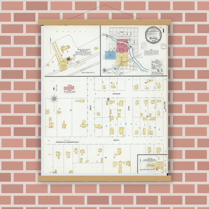 Old map wall art mockup — magnetic wood frame on brick wall — Sanborn Fire Insurance Map from Bellevue, Eaton County, Michigan (1901), Sheet #0001