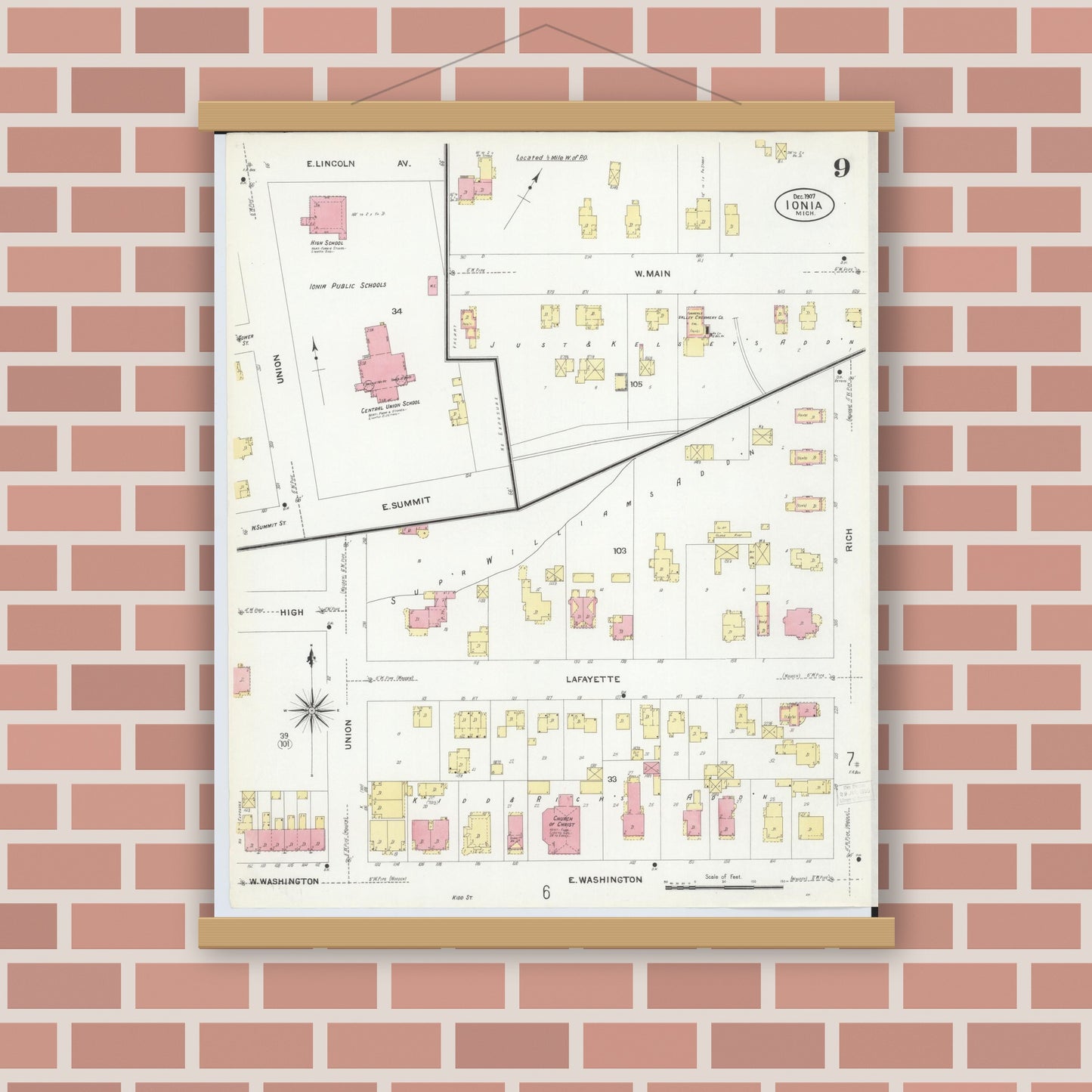 Old map wall art mockup — magnetic wood frame on brick wall — Sanborn Fire Insurance Map from Ionia, Ionia County, Michigan (1907), Sheet #0009