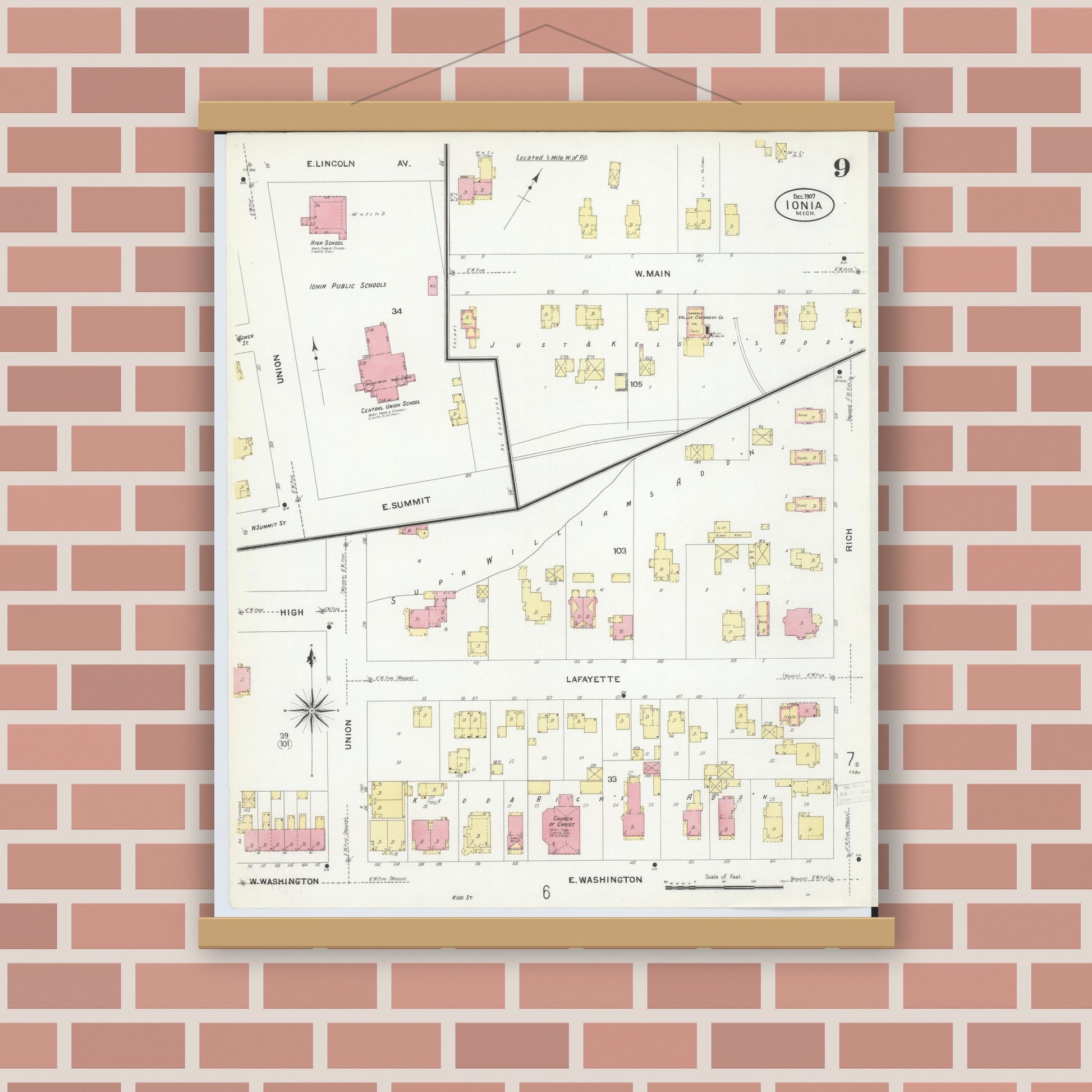 Old map wall art mockup — magnetic wood frame on brick wall — Sanborn Fire Insurance Map from Ionia, Ionia County, Michigan (1907), Sheet #0009