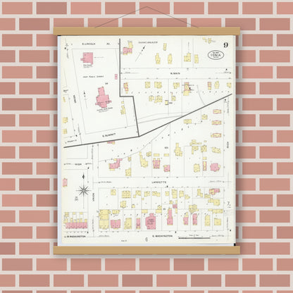 Old map wall art mockup — magnetic wood frame on brick wall — Sanborn Fire Insurance Map from Ionia, Ionia County, Michigan (1907), Sheet #0009