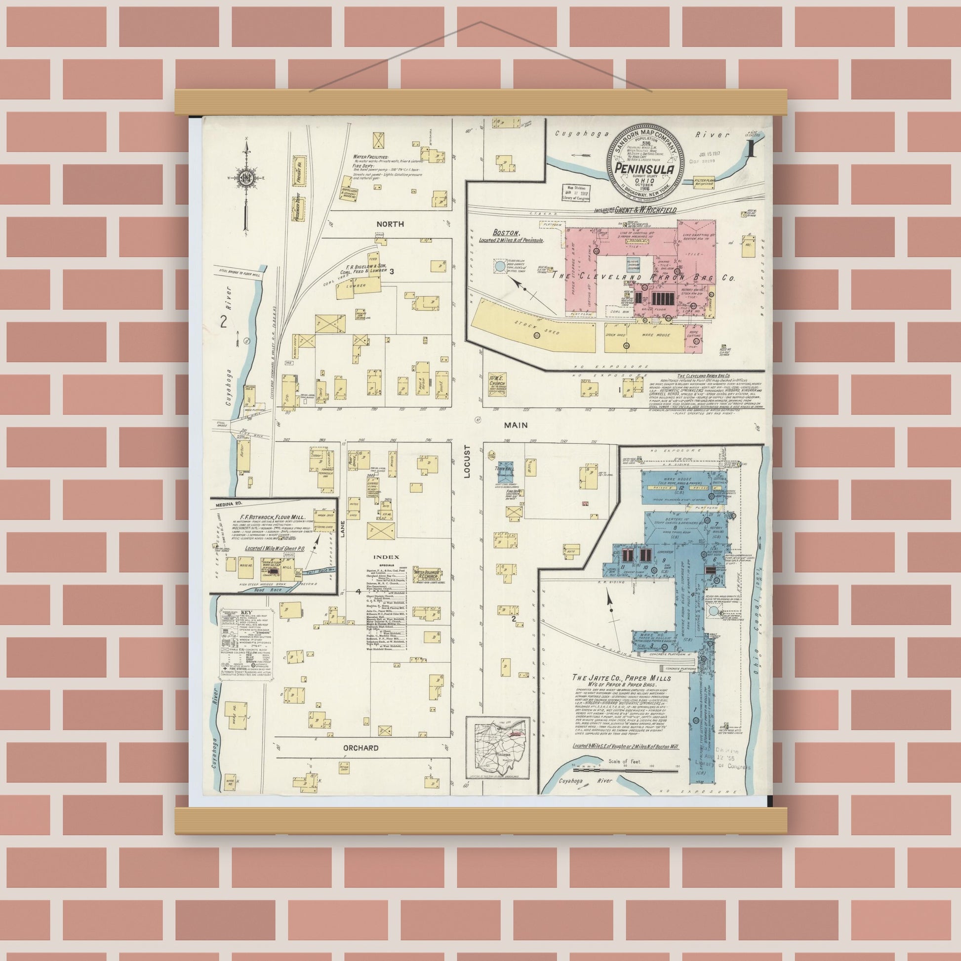 Old map wall art mockup — magnetic wood frame on brick wall — Sanborn Fire Insurance Map from Peninsula, Summit County, Ohio (1916) - Complete Map Set
