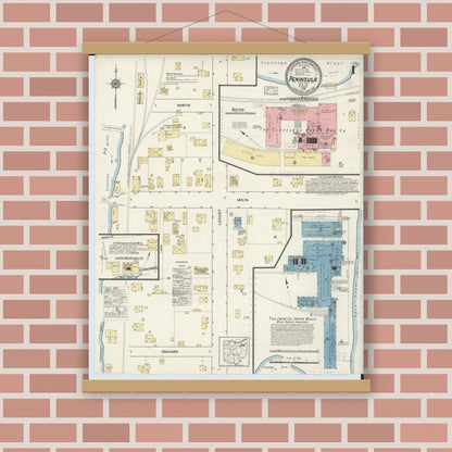 Old map wall art mockup — magnetic wood frame on brick wall — Sanborn Fire Insurance Map from Peninsula, Summit County, Ohio (1916) - Complete Map Set