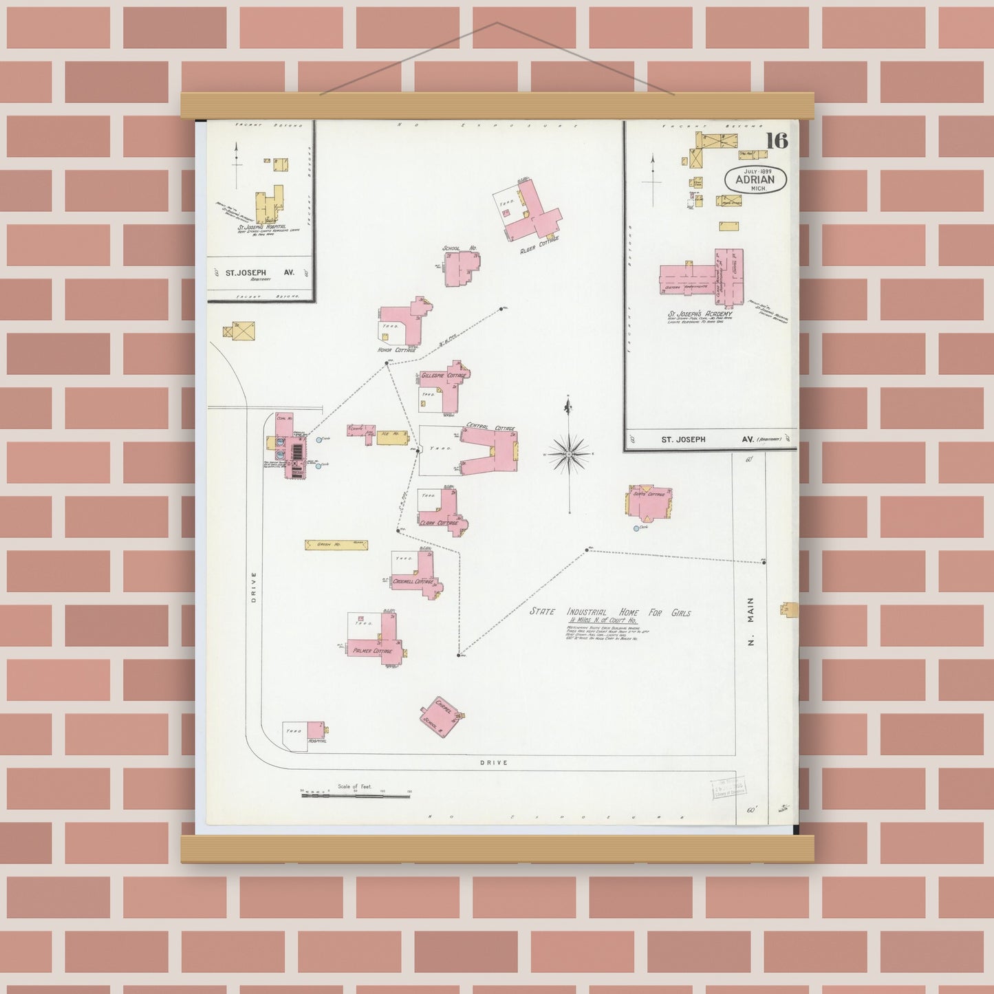 Old map wall art mockup — magnetic wood frame on brick wall — Sanborn Fire Insurance Map from Adrian, Lenawee County, Michigan (1899), Sheet #0016