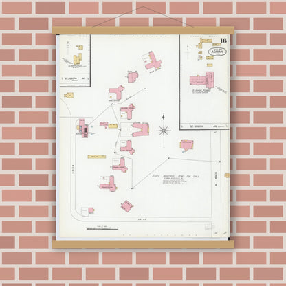 Old map wall art mockup — magnetic wood frame on brick wall — Sanborn Fire Insurance Map from Adrian, Lenawee County, Michigan (1899), Sheet #0016