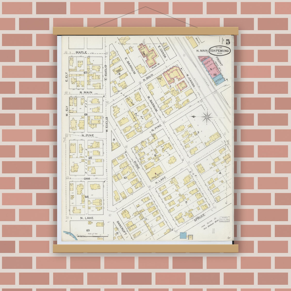 Old map wall art mockup — magnetic wood frame on brick wall — Sanborn Fire Insurance Map from Ishpeming, Marquette County, Michigan (1892), Sheet #0005