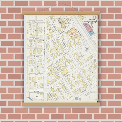 Old map wall art mockup — magnetic wood frame on brick wall — Sanborn Fire Insurance Map from Ishpeming, Marquette County, Michigan (1892), Sheet #0005