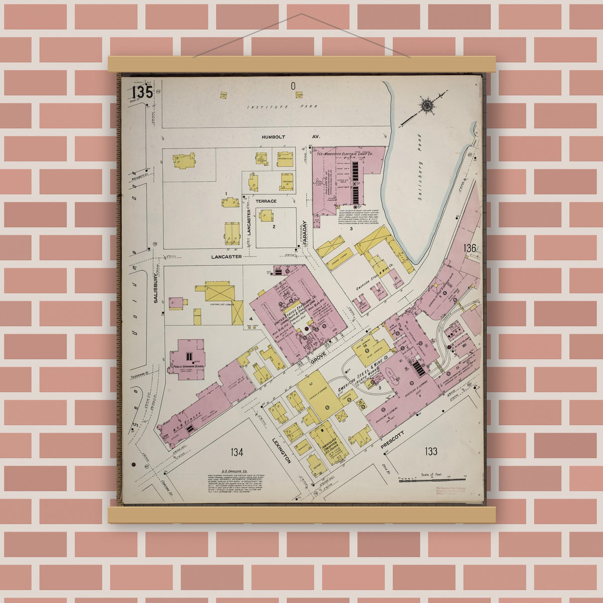 Old map wall art mockup — magnetic wood frame on brick wall — Sanborn Fire Insurance Map from Worcester, Worcester County, Massachusetts (1910), Sheet #0135