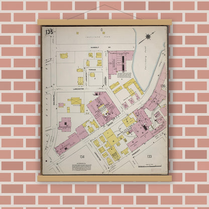 Old map wall art mockup — magnetic wood frame on brick wall — Sanborn Fire Insurance Map from Worcester, Worcester County, Massachusetts (1910), Sheet #0135
