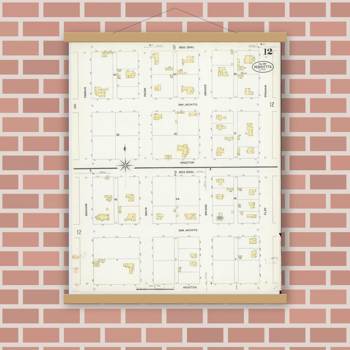 Old map wall art mockup — magnetic wood frame on brick wall — Sanborn Fire Insurance Map from Henrietta, Clay County, Texas (1907), Sheet #0012