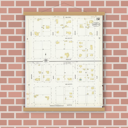 Old map wall art mockup — magnetic wood frame on brick wall — Sanborn Fire Insurance Map from Henrietta, Clay County, Texas (1907), Sheet #0012