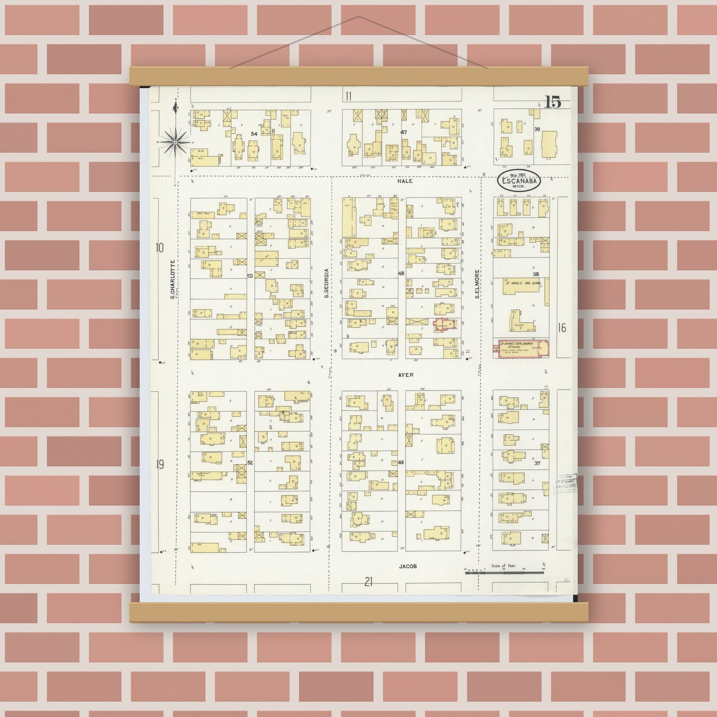Old map wall art mockup — magnetic wood frame on brick wall — Sanborn Fire Insurance Map from Escanaba, Delta County, Michigan (1906), Sheet #0015
