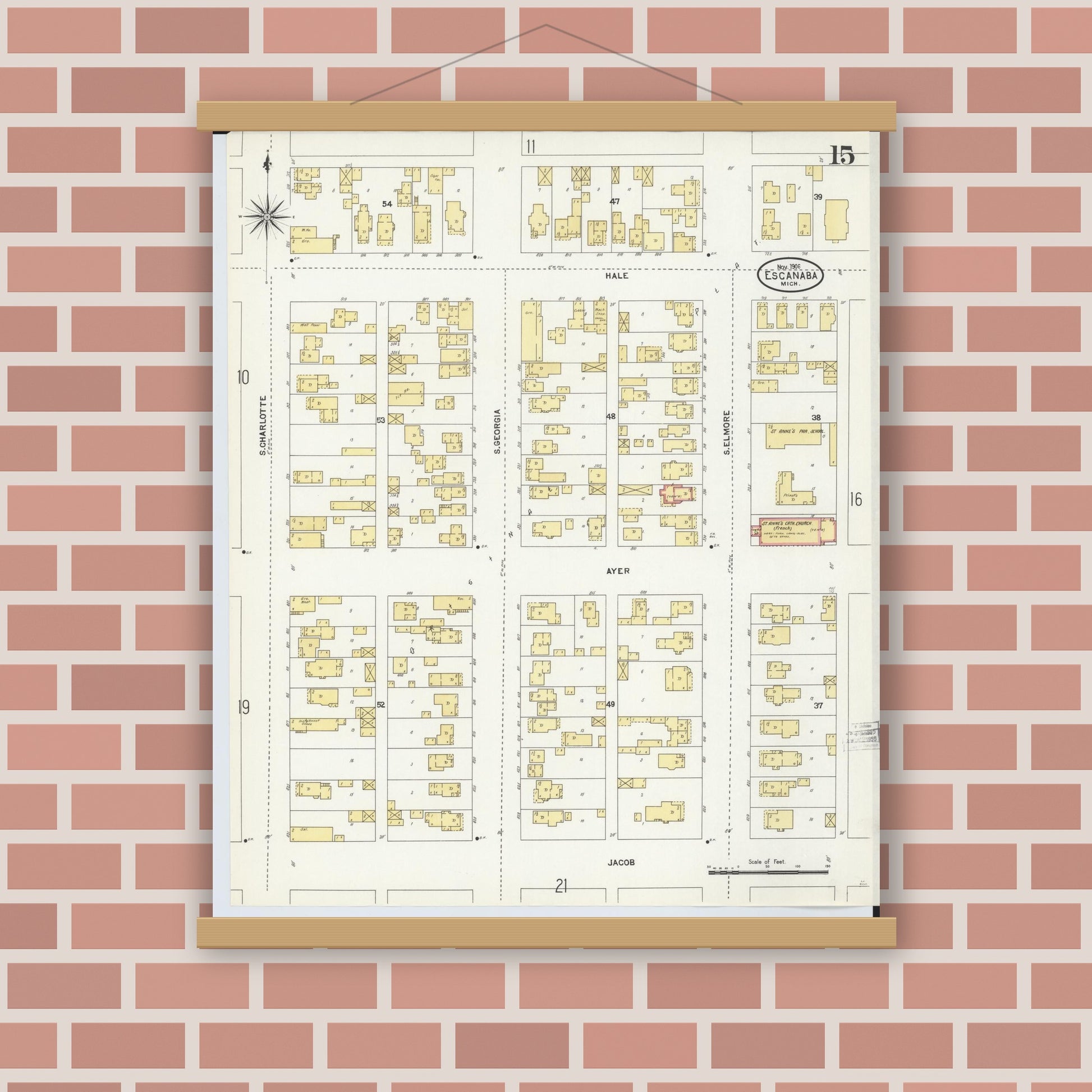 Old map wall art mockup — magnetic wood frame on brick wall — Sanborn Fire Insurance Map from Escanaba, Delta County, Michigan (1906), Sheet #0015