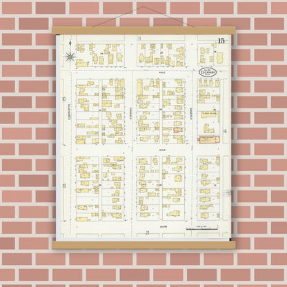Old map wall art mockup — magnetic wood frame on brick wall — Sanborn Fire Insurance Map from Escanaba, Delta County, Michigan (1906), Sheet #0015