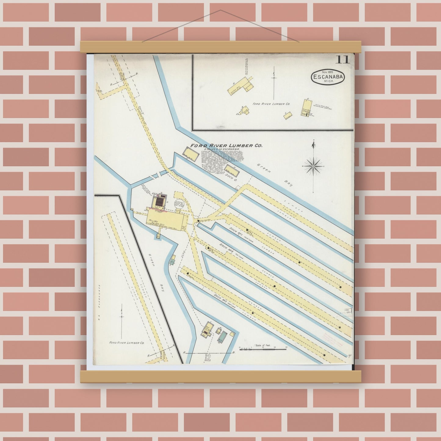 Old map wall art mockup — magnetic wood frame on brick wall — Sanborn Fire Insurance Map from Escanaba, Delta County, Michigan (1893), Sheet #0011