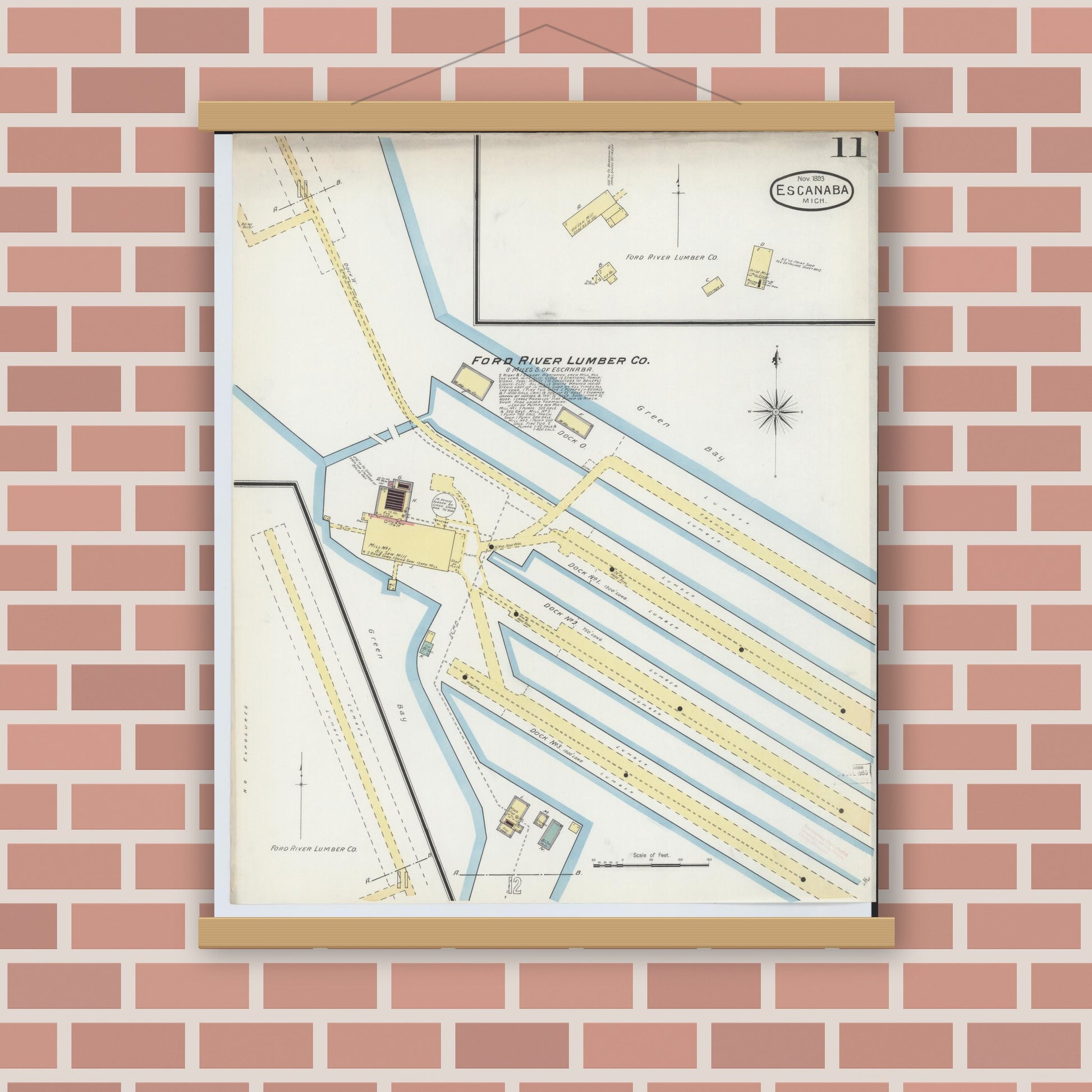 Old map wall art mockup — magnetic wood frame on brick wall — Sanborn Fire Insurance Map from Escanaba, Delta County, Michigan (1893), Sheet #0011