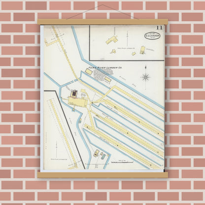 Old map wall art mockup — magnetic wood frame on brick wall — Sanborn Fire Insurance Map from Escanaba, Delta County, Michigan (1893), Sheet #0011