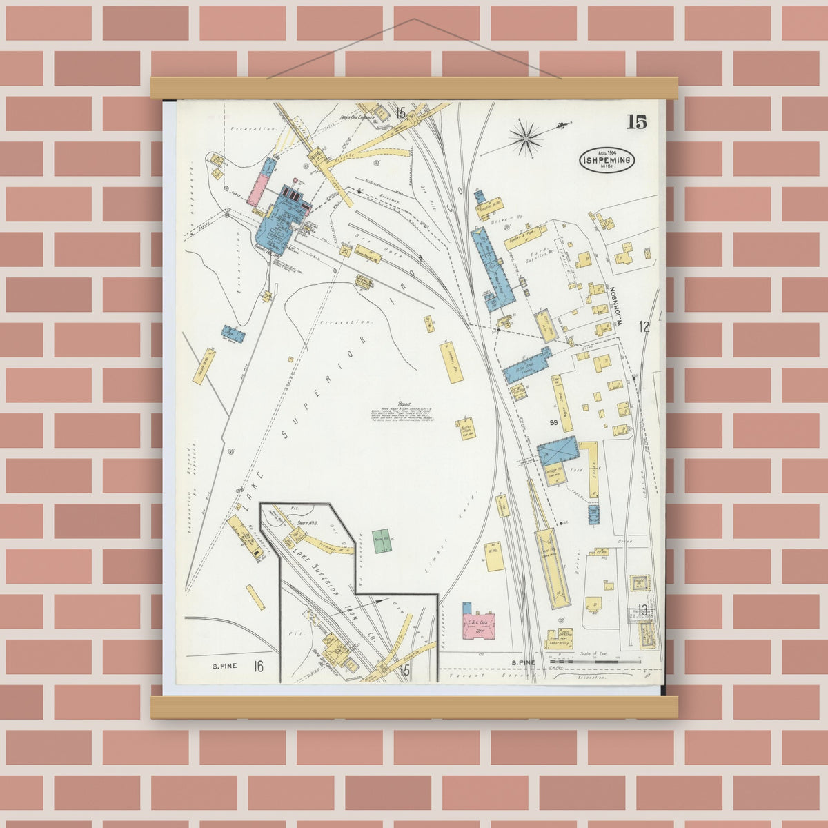 Old map wall art mockup — magnetic wood frame on brick wall — Sanborn Fire Insurance Map from Ishpeming, Marquette County, Michigan (1904), Sheet #0015