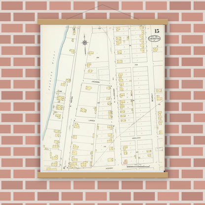 Old map wall art mockup — magnetic wood frame on brick wall — Sanborn Fire Insurance Map from Covington, Independent Cities, Virginia (1913), Sheet #0015