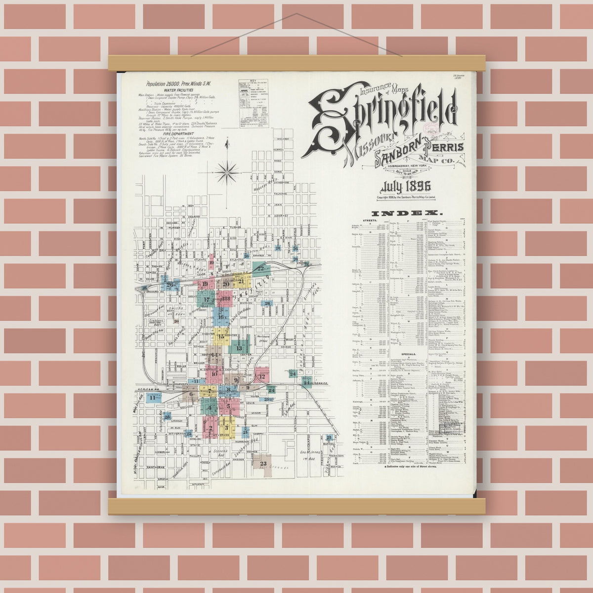 Old map wall art mockup — magnetic wood frame on brick wall — Sanborn Fire Insurance Map from Springfield, Greene County, Missouri (1896), Sheet #0001