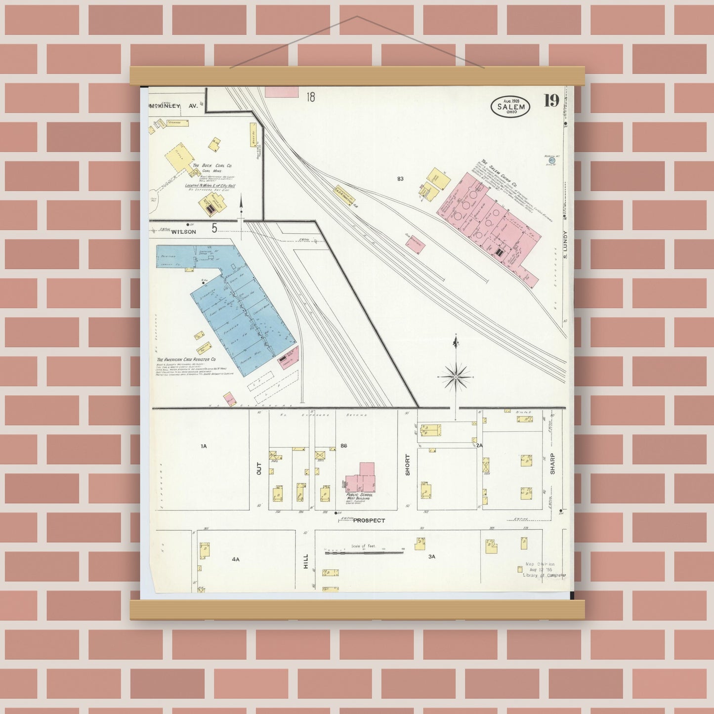 Old map wall art mockup — magnetic wood frame on brick wall — Sanborn Fire Insurance Map from Salem, Columbiana County, Ohio (1909), Sheet #0019