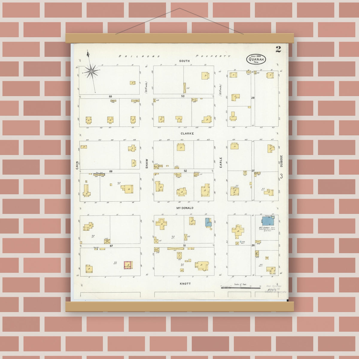 Old map wall art mockup — magnetic wood frame on brick wall — Sanborn Fire Insurance Map from Quanah, Hardeman County, Texas (1908), Sheet #0002