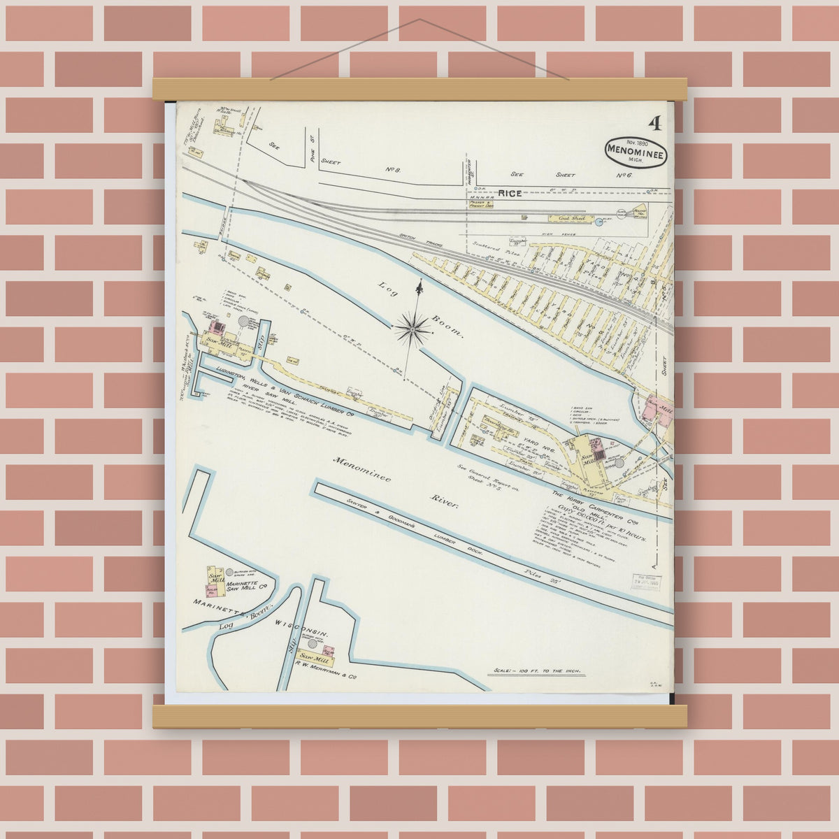 Old map wall art mockup — magnetic wood frame on brick wall — Sanborn Fire Insurance Map from Menominee, Menominee County, Michigan (1890), Sheet #0004