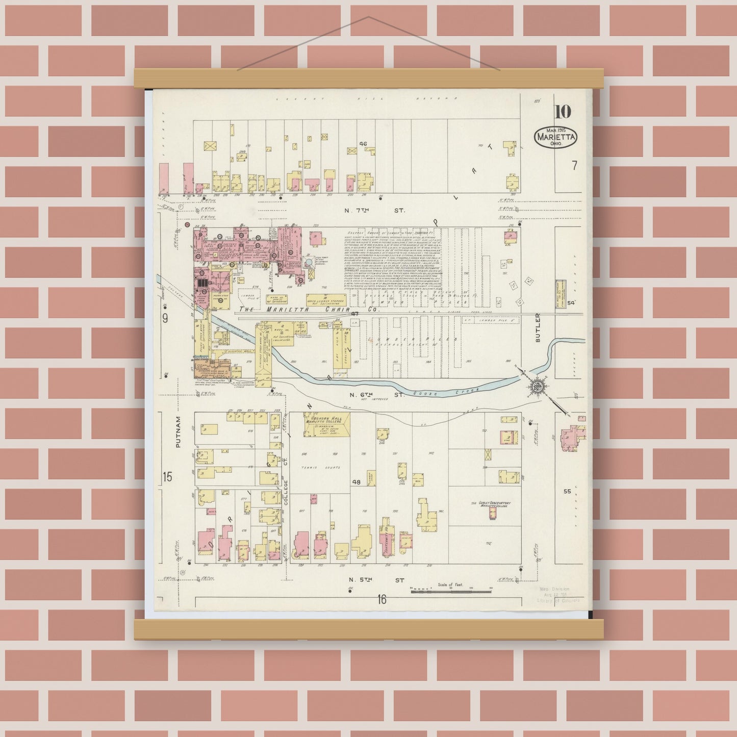 Old map wall art mockup — magnetic wood frame on brick wall — Sanborn Fire Insurance Map from Marietta, Washington County, Ohio (1915), Sheet #0010