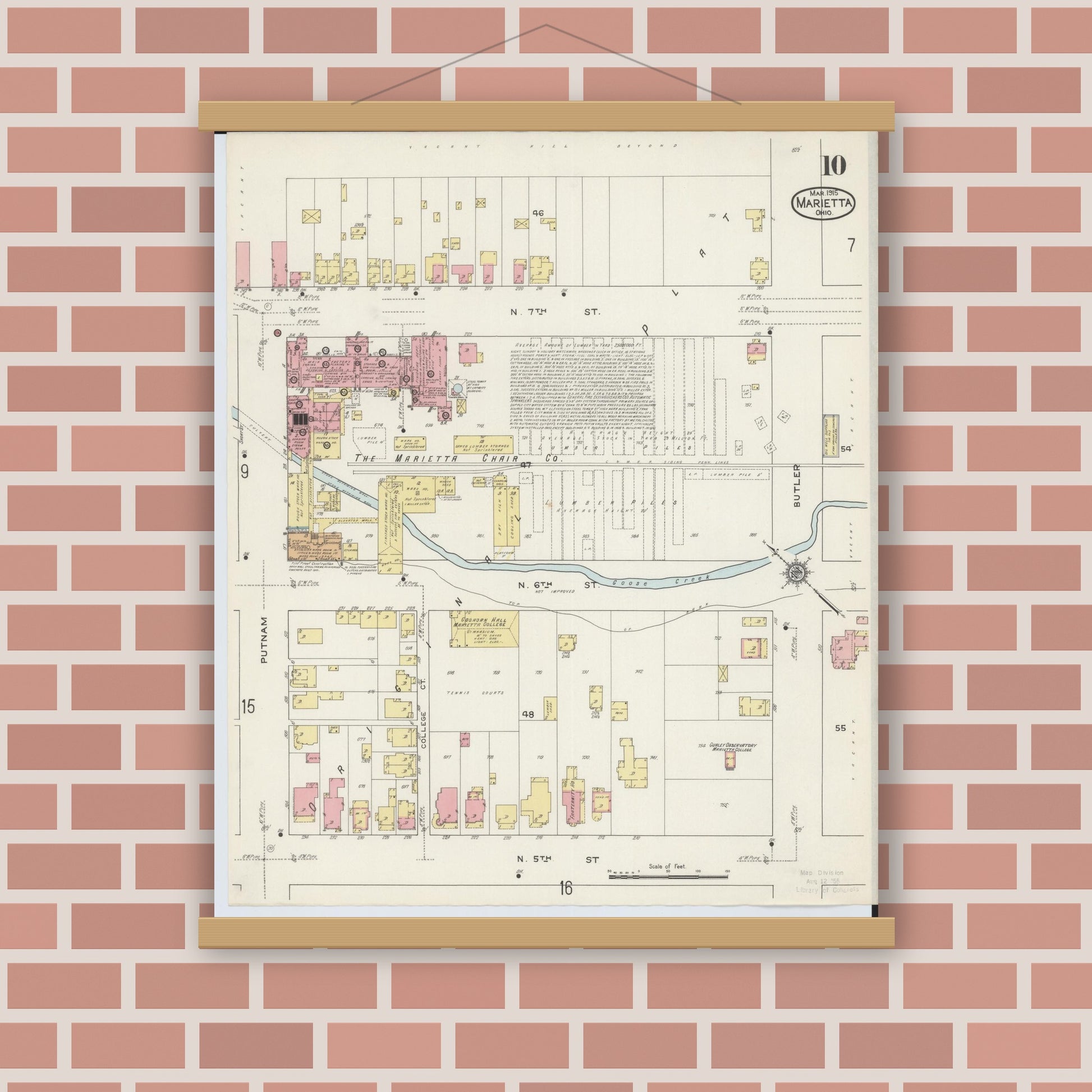 Old map wall art mockup — magnetic wood frame on brick wall — Sanborn Fire Insurance Map from Marietta, Washington County, Ohio (1915), Sheet #0010