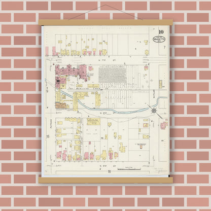 Old map wall art mockup — magnetic wood frame on brick wall — Sanborn Fire Insurance Map from Marietta, Washington County, Ohio (1915), Sheet #0010