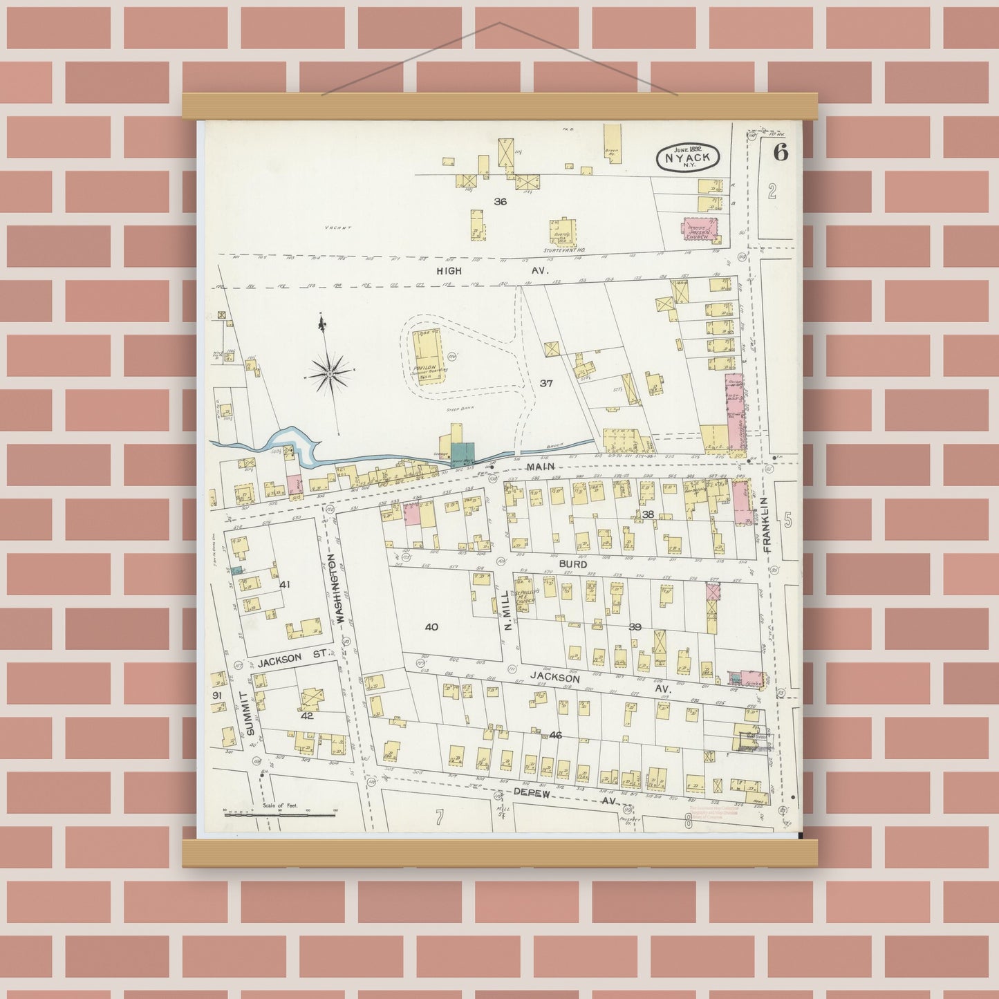 Old map wall art mockup — magnetic wood frame on brick wall — Sanborn Fire Insurance Map from Nyack, Rockland County, New York. (1892), Sheet #0006