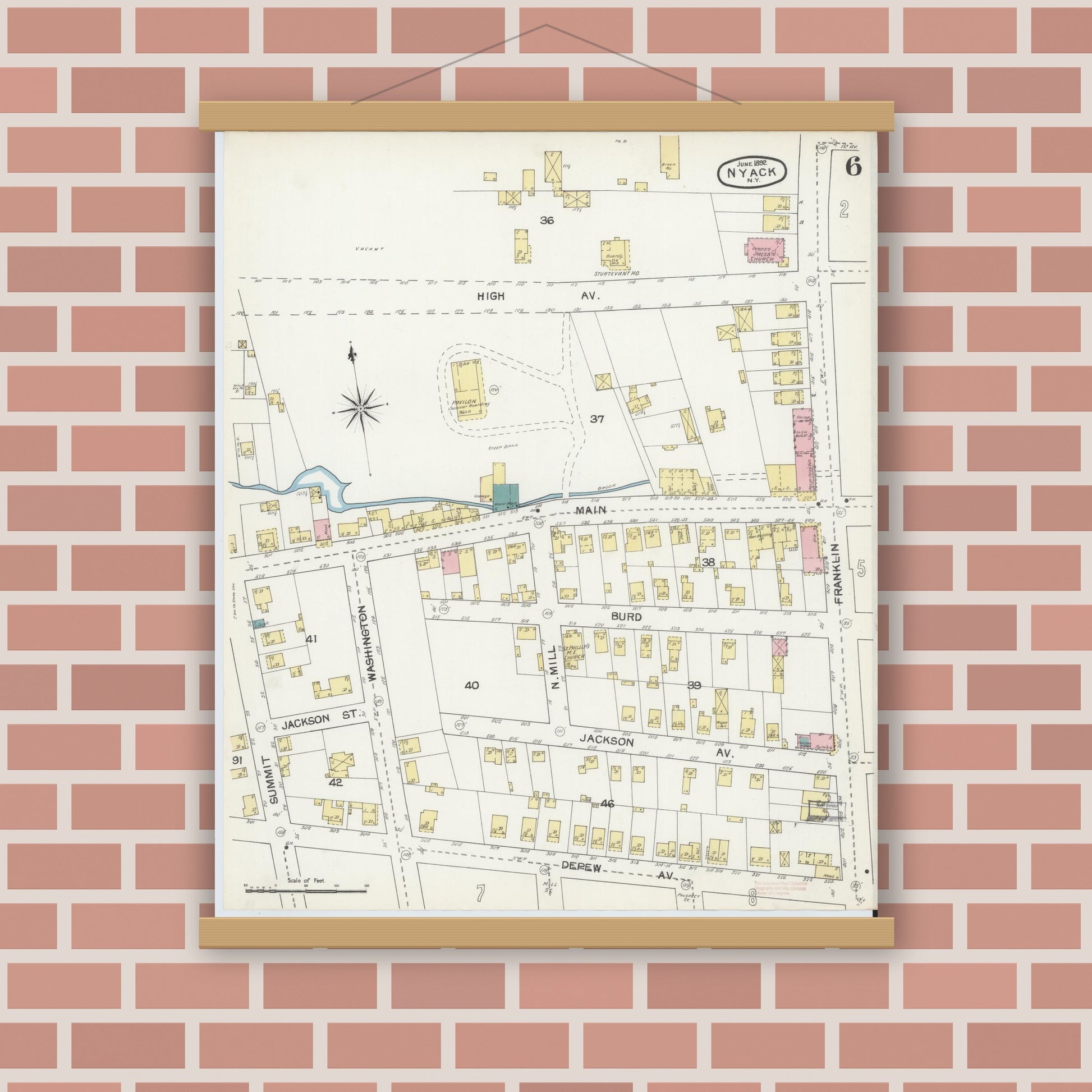 Old map wall art mockup — magnetic wood frame on brick wall — Sanborn Fire Insurance Map from Nyack, Rockland County, New York. (1892), Sheet #0006