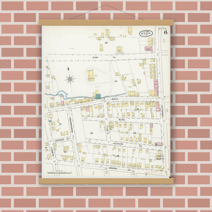 Old map wall art mockup — magnetic wood frame on brick wall — Sanborn Fire Insurance Map from Nyack, Rockland County, New York. (1892), Sheet #0006