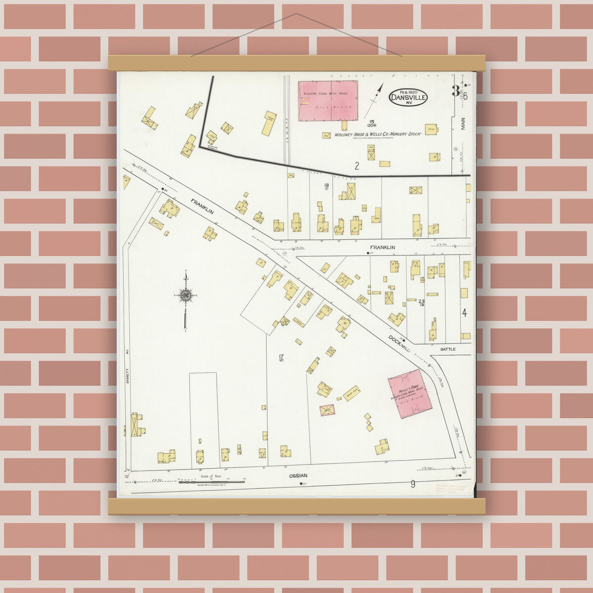Old map wall art mockup — magnetic wood frame on brick wall — Sanborn Fire Insurance Map from Dansville, Livingston County, New York (1920), Sheet #0003