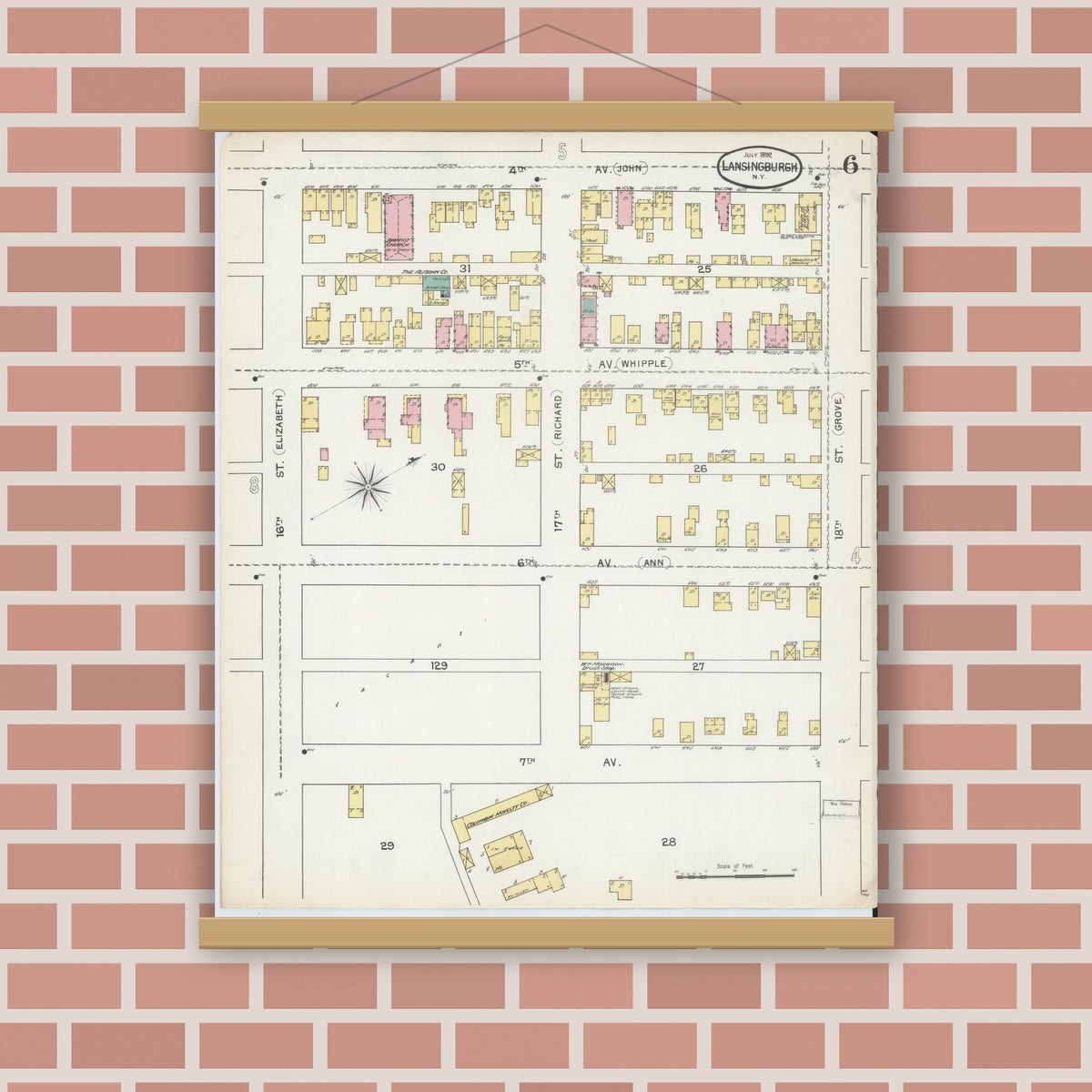 Old map wall art mockup — magnetic wood frame on brick wall — Sanborn Fire Insurance Map from Lansingburg, Rensselaer County, New York (1892), Sheet #0006