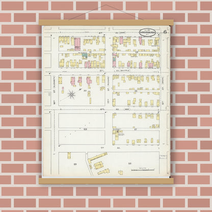 Old map wall art mockup — magnetic wood frame on brick wall — Sanborn Fire Insurance Map from Lansingburg, Rensselaer County, New York (1892), Sheet #0006