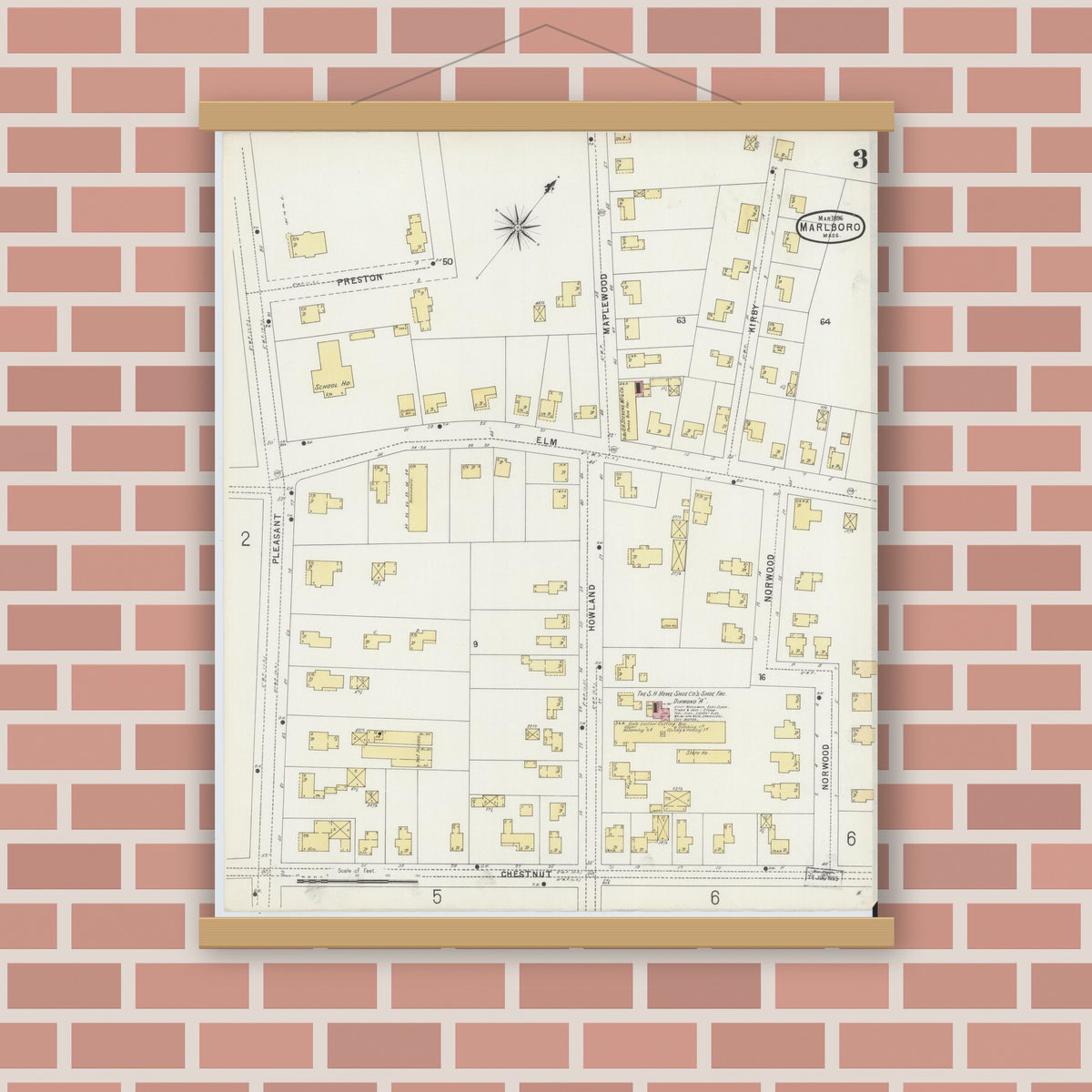 Old map wall art mockup — magnetic wood frame on brick wall — Sanborn Fire Insurance Map from Marlborough, Middlesex County, Massachusetts (1896), Sheet #0003