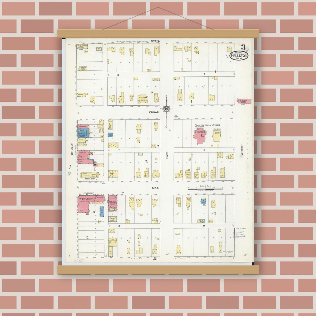 Old map wall art mockup — magnetic wood frame on brick wall — Sanborn Fire Insurance Map from Pellston, Emmet County, Michigan (1917), Sheet #0003