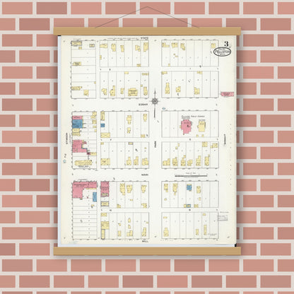 Old map wall art mockup — magnetic wood frame on brick wall — Sanborn Fire Insurance Map from Pellston, Emmet County, Michigan (1917), Sheet #0003
