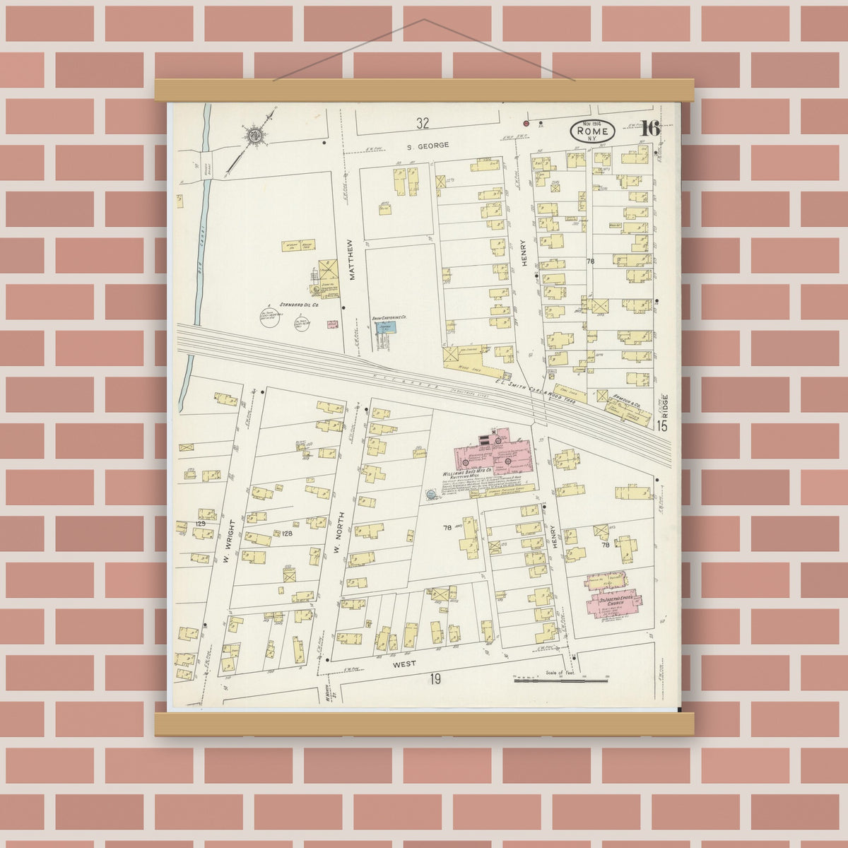 Old map wall art mockup — magnetic wood frame on brick wall — Sanborn Fire Insurance Map from Rome, Oneida County, New York (1914), Sheet #0016