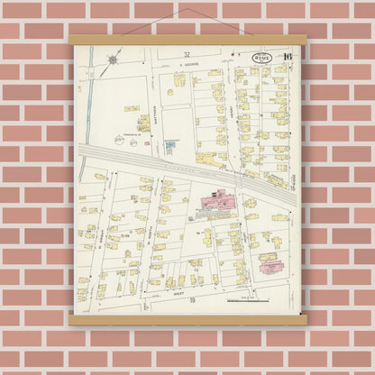 Old map wall art mockup — magnetic wood frame on brick wall — Sanborn Fire Insurance Map from Rome, Oneida County, New York (1914), Sheet #0016
