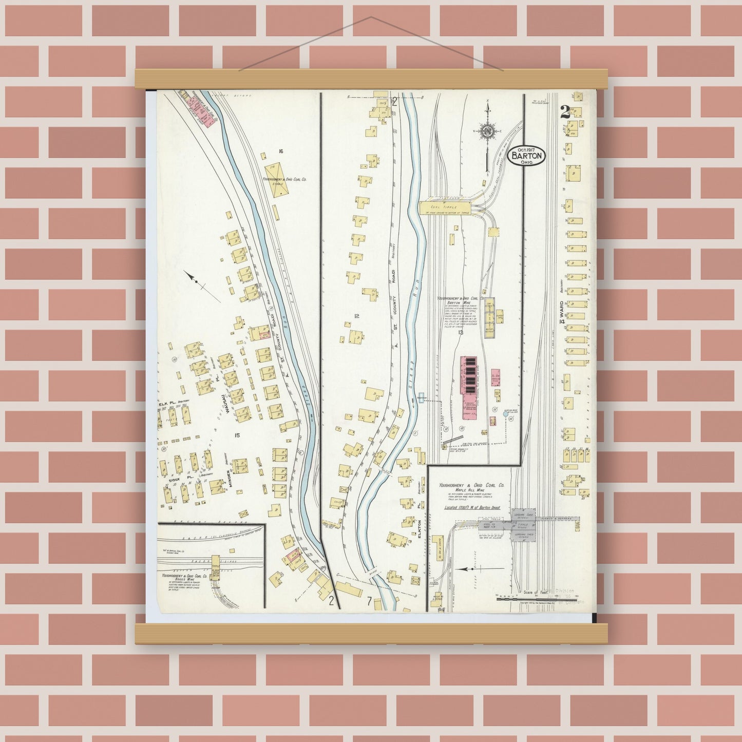 Old map wall art mockup — magnetic wood frame on brick wall — Sanborn Fire Insurance Map from Barton, Belmont County, Ohio (1917), Sheet #0002