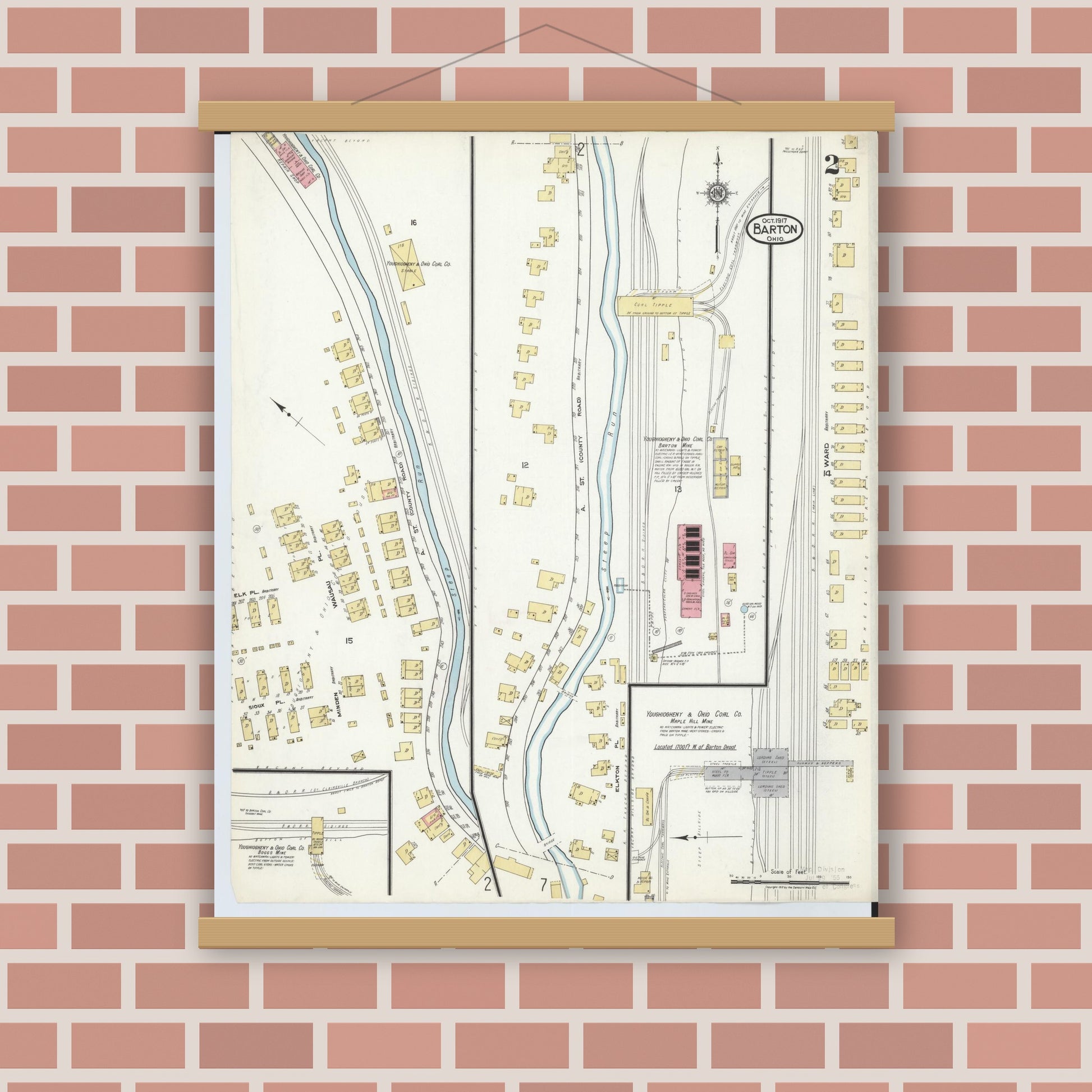 Old map wall art mockup — magnetic wood frame on brick wall — Sanborn Fire Insurance Map from Barton, Belmont County, Ohio (1917), Sheet #0002