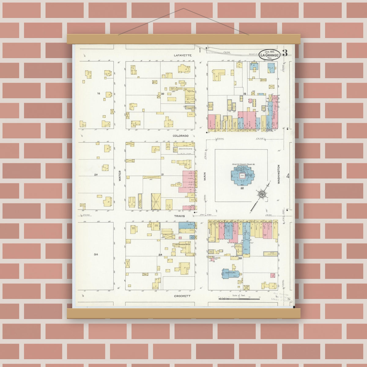 Old map wall art mockup — magnetic wood frame on brick wall — Sanborn Fire Insurance Map from La Grange, Fayette County, Texas (1912), Sheet #0003