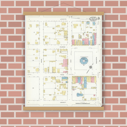 Old map wall art mockup — magnetic wood frame on brick wall — Sanborn Fire Insurance Map from La Grange, Fayette County, Texas (1912), Sheet #0003