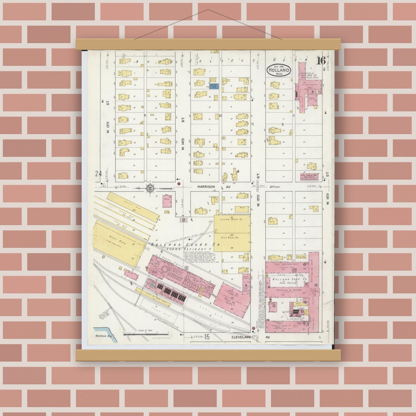 Old map wall art mockup — magnetic wood frame on brick wall — Sanborn Fire Insurance Map from Holland, Ottawa County, Michigan (1916), Sheet #0016