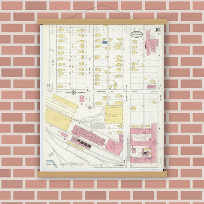 Old map wall art mockup — magnetic wood frame on brick wall — Sanborn Fire Insurance Map from Holland, Ottawa County, Michigan (1916), Sheet #0016
