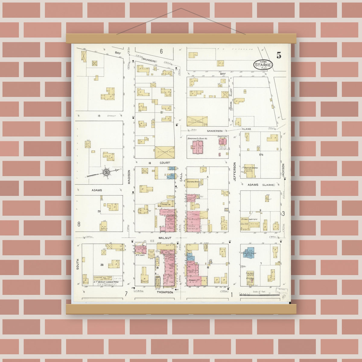 Old map wall art mockup — magnetic wood frame on brick wall — Sanborn Fire Insurance Map from Starke, Bradford County, Florida (1912), Sheet #0005