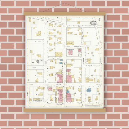 Old map wall art mockup — magnetic wood frame on brick wall — Sanborn Fire Insurance Map from Starke, Bradford County, Florida (1912), Sheet #0005